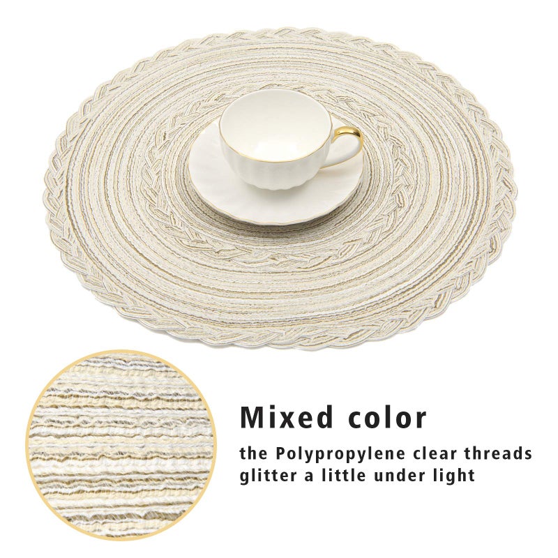SHACOS Round Placemats Set of 4 Boho Braided Border Place Mats for Dining Tables Wedding Holiday Party (Ivory Bordered, 4) - Image 3